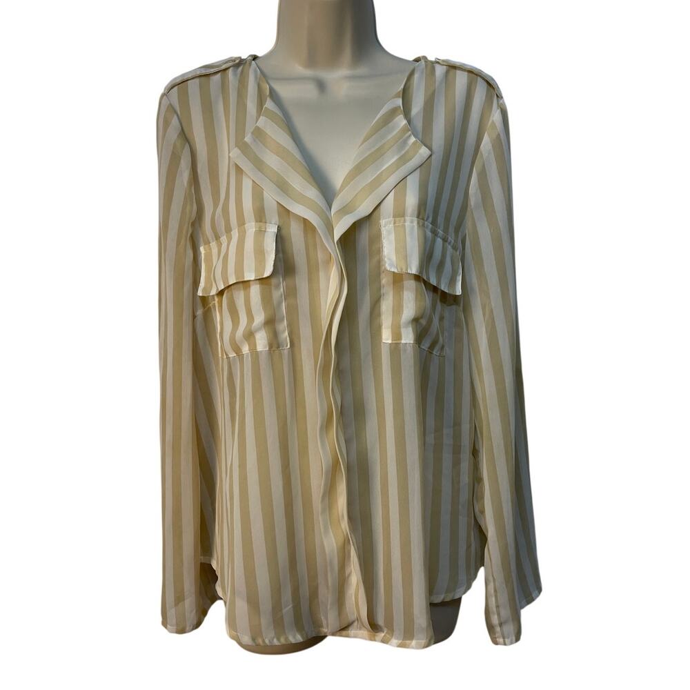 Charming Charlie Sheer Striped Collared Roll Up Sleeve Blouse White/Yellow Sz L